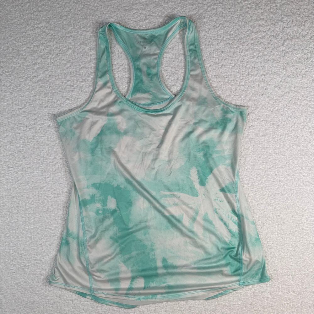 Athleta womens Chi Tank MED Sea Palm Print Aqua Blue White Racerback Shirt Top